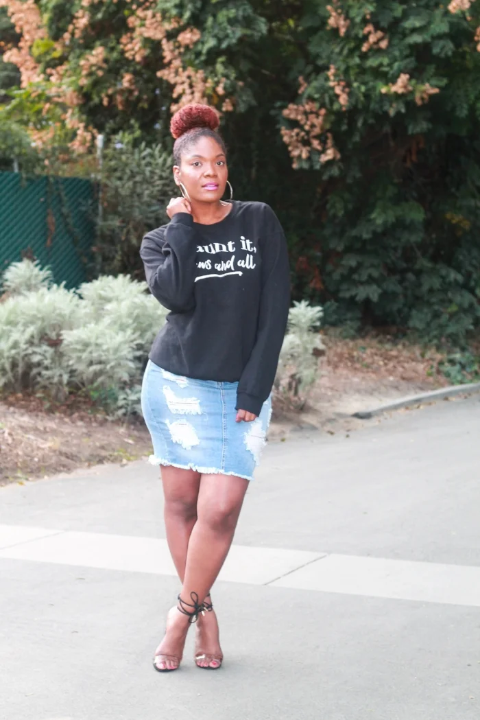 Denim skirt shop with hoodie
